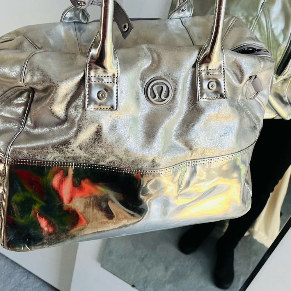 Lululemon Shiny Silver Metallic Duffle Bag Tote Gem